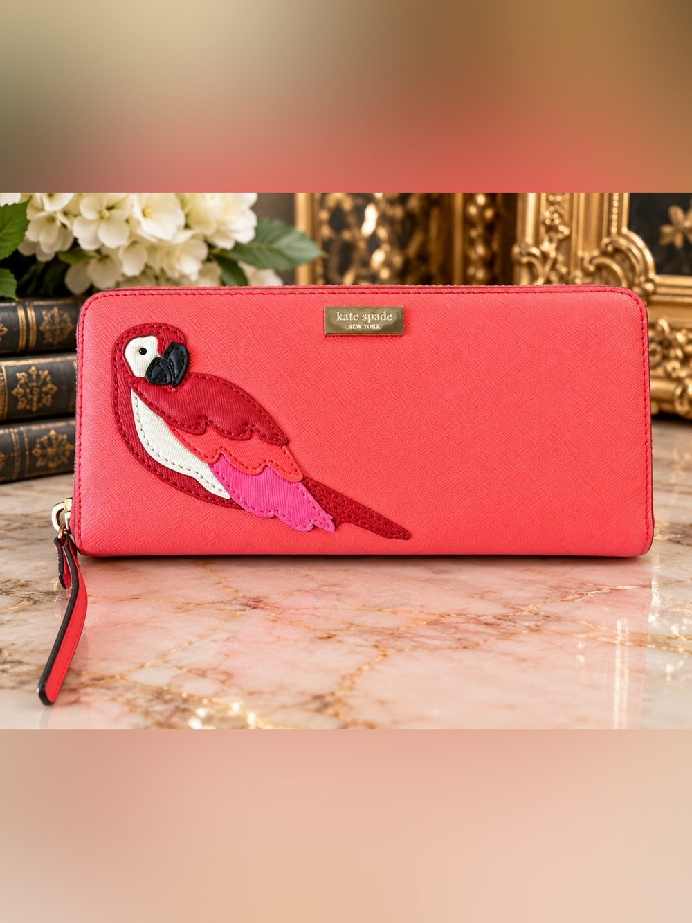 Kate Spade Talk the Talk Neda Parrot Saffiano Leather Zip Wallet Coral